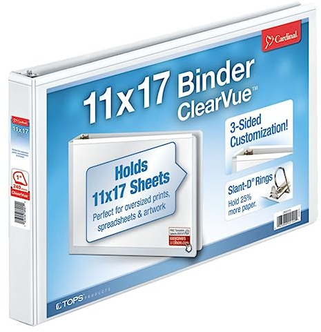 Cardinal 11-Inch x 17-Inch ClearVue Slant-D Ring Binder, 1-Inch, White (22112CB)