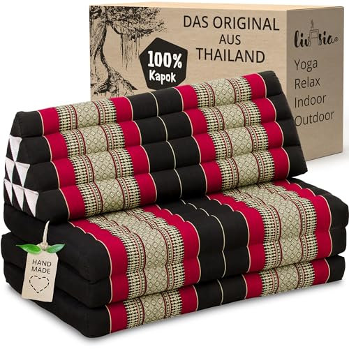 livasia Thaikissen 3 Auflagen für Paare XXL - 190x80x8cm - Dreieckskissen Klappmatratze, extrabreit Kapok, Rückenkissen faltbar, Thaimatte zum Klappen, Meditationskissen (Schwarz/Rot)
