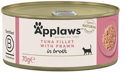Applaws - Natural - Nourriture humide pour chat adulte - Filet de thon et crevettes au bouillon - 24 barquettes de 70 g