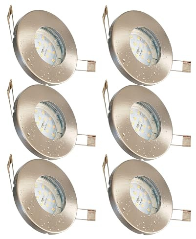 Trango 6er Set 6729IP-062-5WAK IP44 Einbaustrahler Edelstahl gebürstet inkl. 6x 5 W GU10 LED Leuchtmittel 3000K warmweiß Bad, Dusche, Feuchtraum Einbauleuchte, Badleuchte, Deckenspot, Deckenstrahler