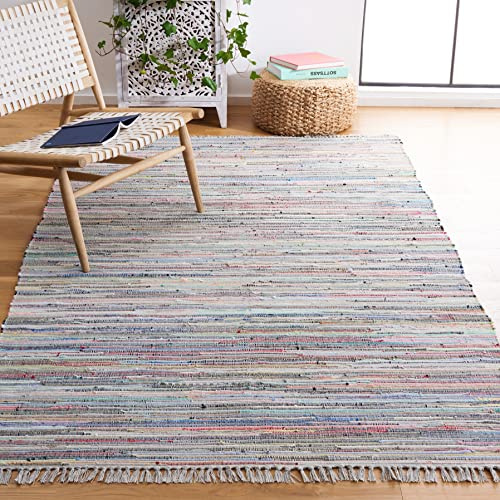 SAFAVIEH Rag Rug Collection Area Rug - 4' Square, Grey & Multi, Handmade Boho Stripe Cotton, Ideal for High Traffic Areas in Living Room, Bedroom (RAR121M)