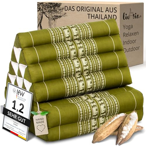 livasia Thai cushion with 2 seat rests - 47x20x3.1″ - Triangle cushion with seat cushion, Wedge cushion, kapok, Back support cushion, folding, Thai mat, folding, Hand made (Green/Elephants)