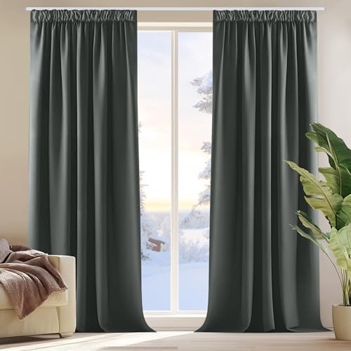 Deconovo Vorhänge Blickdicht Kräuselband Gardinen Schlafzimmer Thermovorhang Kälteschutz Verdunkelung, 245x140 cm(HöhexBreite), Dunkelgrau, 2er Set