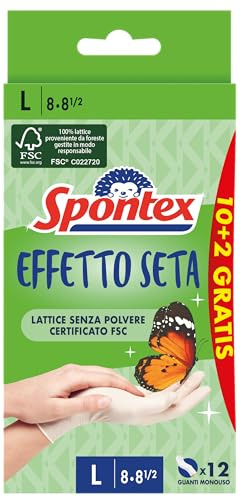 Spontex Guanti Monouso Effetto Seta 10+2, Lattice naturale, Senza Polvere, Taglia L