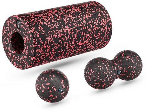 Gymtek Bola de masaje – Set de 2 bolas y rodillo – Doble bola – Masaje de fascia y recuperación muscular – Yoga – Acupresión – Bola de lacrosse – Rodillo muscular – Negro Rojo