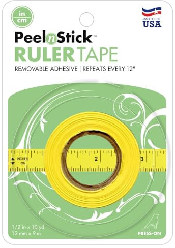 iCraft PeelnStick Removable Adhesive Ruler Tape, 12 inch Repeating Imperial (inch) + Metric (cm) Measurements, Yellow, Easy Tear Perforations Every 12in, roll is 1/2 in x 10 yds