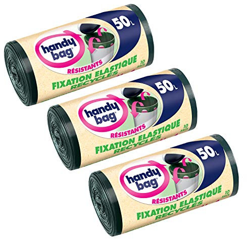 Handy Bag 3 Rouleaux de 10 Sacs Poubelle 50 L, Poignées Coulissantes, Fixation Élastique, Recyclés, Résistant, Anti-Fuites, 68 x 73 cm, Vert Foncé, Opaque