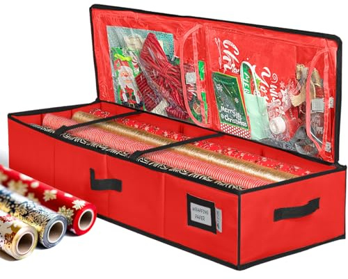 Wrapping Paper Storage Container – Fits up to 27 Rolls 1 3/8” Diam. - Underbed Gift Wrap Organizer Bags, Wrapping Paper Rolls, Ribbon, and Bows - Under Bed- Durable Material 600D - Up to 40” Rolls