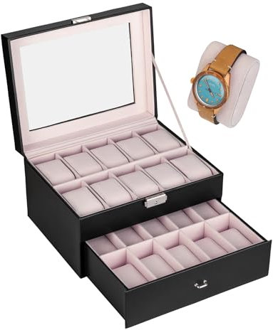 shelfmade Uhrenbox PU-Leder - Uhrenaufbewahrung in Schwarz mit edlem Samt - Uhrenkasten mit Schloss für 20 Uhren (rosa)