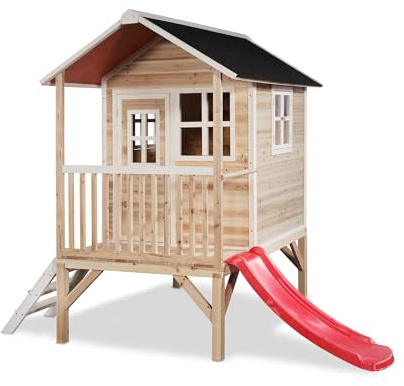 EXIT Toys Loft 300 Wooden Outdoor Playhouse with Slide - Garden Wooden House for Children with Waterproof Roof - Easy Assembly - 100% FSC Cedar Wood - 8.8ft6.2x7ft - Natural
