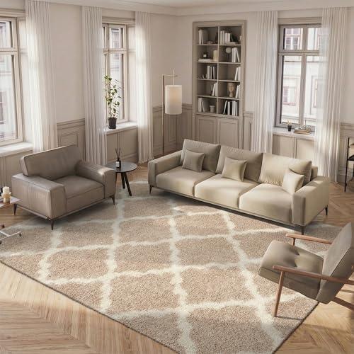 SAFAVIEH Area Rug 8x10 - Dallas Shag Collection - Large - Beige & Ivory, Trellis Pattern, Non-Shedding & Easy Cleaning, Plush Thick Pile, Ideal for Living Room, Bedroom, Dining Space (SGD257D)