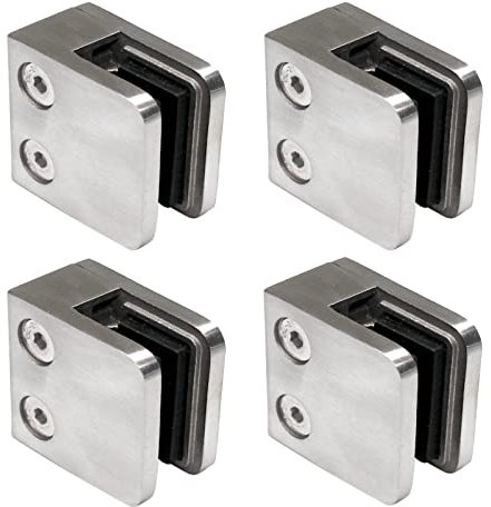 PRIOstahl Glashalter Glasklemmen Abstandhalter Klemmhalter - 4 Stück 45 x 45 x 26 mm Anschluss: Flach für Glas 8 mm Glasklemmhalter Glasplattenhalter für Geländer Treppengeländer aus Edelstahl V2A