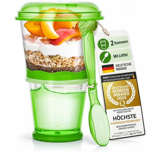GOODS+GADGETS® Muesli To-Go Cup with Insulated Milk Compartment & Spoon | 2-tier cereal travel cup, 260 ml muesli + 85 ml milk, leak-proof lid, folding spoon included