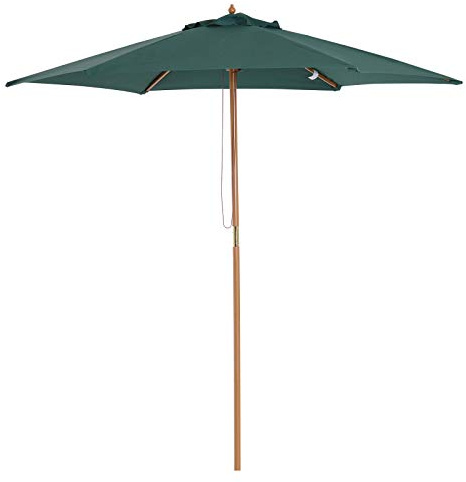 Outsunny Sombrilla de Jardín Ø250x230 cm Parasol de Terraza con 6 Varillas Poste Desmontable Anti-UV Impermeable y Marco de Madera para Playa Patio Verde