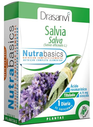 DRASANVI NUTRABASICS SALVIA - Rica en principios activos como aceites esenciales - VEGANO - SIN GLUTEN - 30 cápsulas vegetales