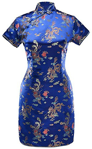 7Fairy Women's VTG Navy Blue Dragon Mini Chinese Prom Dress Cheongsam Size 4 US