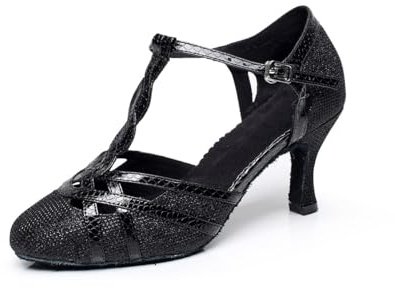 MINITOO Dansskor med glitter för kvinnor, stängd tå, bröllop, kväll, festpumpar, Qj6231 Svart 7 5 cm klack, 36 EU
