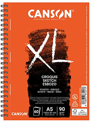 Canson 200787221 XL skissblock, något kornade, 90 g/m², 60 ark per block spiral på långsidan, 148 x 210 mm, gräddvit