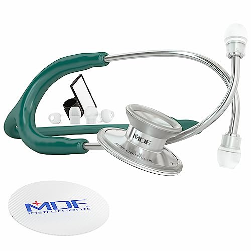 MDF Instruments, Acoustica Lightweight Stethoscope for Doctors, Nurses, Students, Home Health Use, Adult, Dual Head, Dark Green Tube, Silver Chestpiece-Headset, MDF747XP09