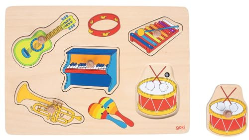 goki 57520 - Soundpuzzle Instrumente fördert das Lernen und Fühlen spielerisch, Holzpuzzle für Kinder, 6 verschieden Musikinstrumenten, 7er Set, ab 1 Jahr, Gemischt