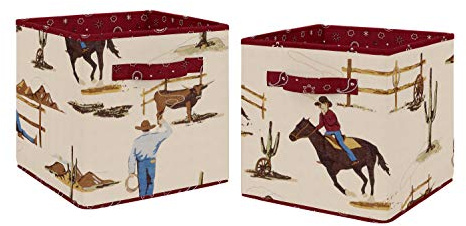 Sweet Jojo Designs Tan and Red Cowboy Foldable Fabric Storage Cube Bins Boxes Organizer Toys Kids Baby Childrens for Wild West Collection Set of 2