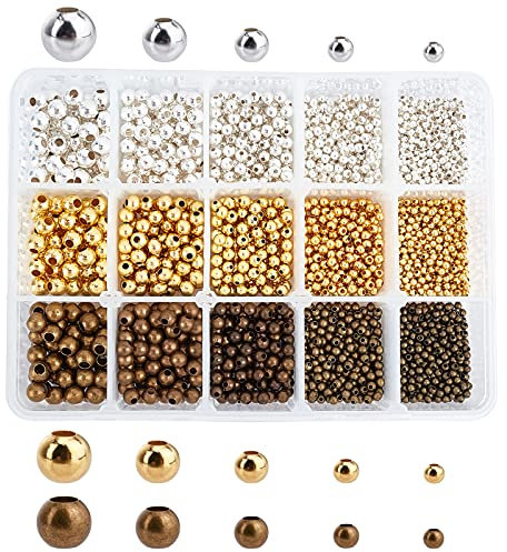 PH PandaHall 2700pcs Runde Spacer Perlen Glatte Metallperlen 2.4/3/4/5/6mm Tiny Metall Messing Perlen Lose Taille Abstandshalter für Schichten Armband Halskette (goldene, silberne, antike Bronze)