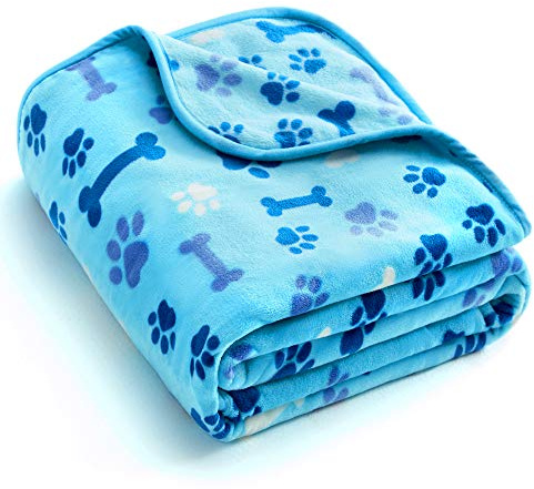 Allisandro Luxurious Dog Blanket, 350 GSM Super Fuzzy Microplush Fleece Pet Blankets for Small Medium Large Dogs and Cats, Blue Paw and Bone, 40 x 32