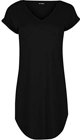 Fashion Star Womens Curved Hem V Neck Baggy T-Shirt Dress Plain Black Plus Size (UK 16/18)