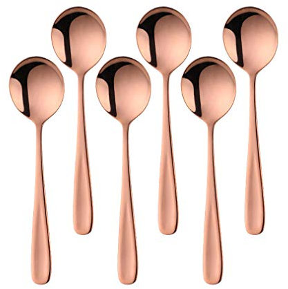 BISDARUN Round Soup Spoons Set of 6 Rose Gold Dinner Spoons 18/10 Stainless Steel Table Spoons 17.5 cm Length, 4.5 cm Width