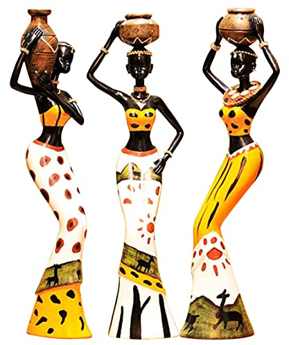 Las mujeres africanas figura de arte estatuas de las niñas tribal de la señora estatua decoración de arte coleccionable pieza de arte vintage regalo artesanía muñeca soporte - 3pcs amarillo