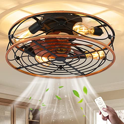 E27 Retro Deckenventilator Mit Beleuchtung und Fernbedienung Schlafzimmer Lampe Leise Fan Deckenleuchte Industrial Ventilator Deckenlampe Vintage Eisenkäfig Pendelleuchte Wohnzimmer Küche Lüfter Licht