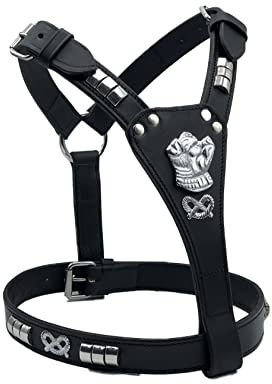 Arnés de cuero para perro, arnés Staffordshire Bull Terrier con diseño de cabeza y nudo de Staffordshire Bullterrier (circunferencia de 23 pulgadas a 28 pulgadas de circunferencia, negro con tachuelas