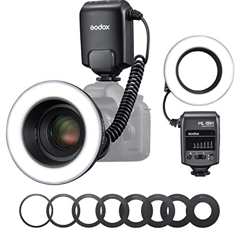 Godox ML150II Tragbarer LED Makroringblitz Ringblitzleuchte Set6-stufige Leistungswahl (1/32-1/1) 5800K±200K Dimmbar für Nikon/Canon/Panasonic/Olympus/Sony 11 FX Light Effects