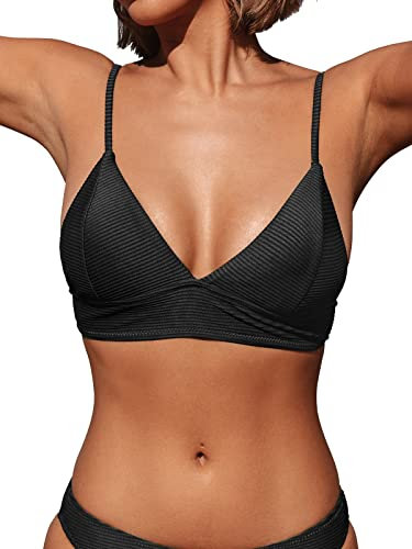 CUPSHE Damen Bikini Top Gepolstert Triangelkörbchen Breites Unterbrustband Gerippte Textur Bikinioberteile Schwarz L