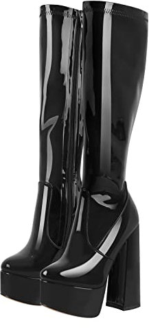 Only maker Damen Plateau Stiefel Langschaft Stretch Stiefel mit Blockabsatz Reißverschluss Knee High Boots Lack Schwarz 43 EU