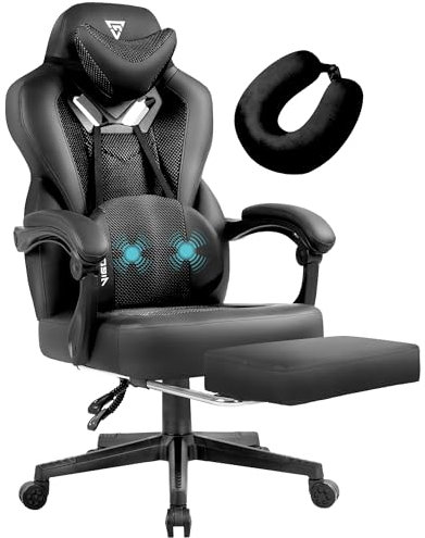 Vigosit Sedia da gaming professionale con poggiapiedi, in rete PC sedia da ufficio, ergonomica, reclining gamer, capacità di carico 150 kg (Nero)