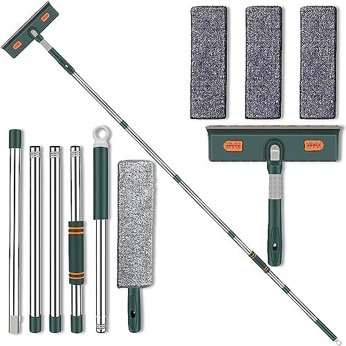 2 in 1 Lavavetri Telescopico Kit, 210 cm Lavavetri Professionale per Vetro, Spatole Lavavetri Kit, Barra di Pulizia Telescopica & Testa Pieghevole, Per La Pulizia Vetri Alti, Automobili e Case