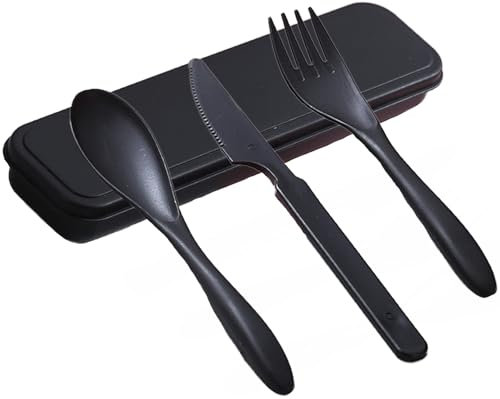 Reusable Travel Cutlery Set with Case, Portable Plastic Fork Spoon Knife Flatware, Camping Utensil for School Work Picnic or Daily Use (Black)