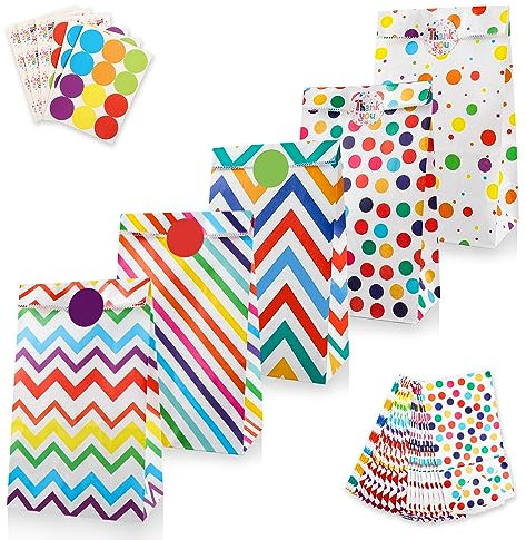 Geschenktüten Kindergeburtstag, Mezzar 50Pcs Bunte Geschenktüte Klein mit 64 Aufkleber, Set Candy Mitgebsel Tüten, Verpacken Von Geschenken für Kinder, Mädchen, Giveaways, Hochzeit (Weiß)