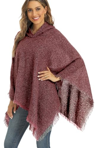 crazy bean Poncho Mujer Invierno con Flecos Capa de Punto Elegante con Cuello en V para Otoño con Capucha Cálido Rojo Intenso