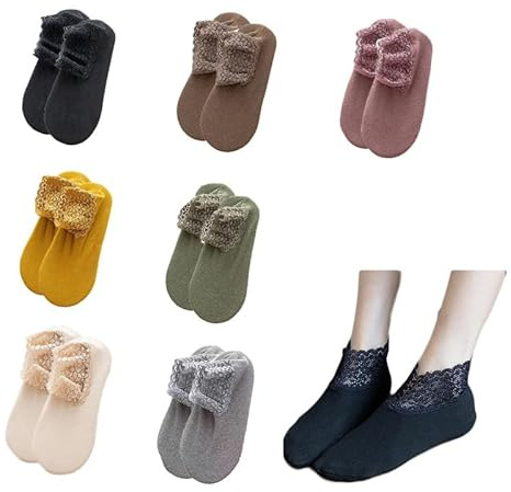 Alxad 8 Paires Hiver Chaussettes Chaudes en Dentelle, Chaussettes à Volants pour femme Confortable Respirant, Chaussettes en Coton Antidérapantes traditionnelles pour femmes filles