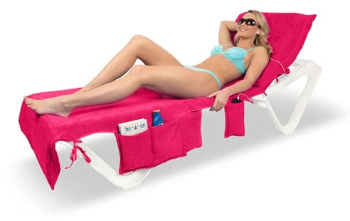 ITSA Terry Towelling Beach Towel with Pockets & Handles | 100% Cotton Foldable Sun Lounger Cover | Carry Bag | Secure Storage Beach Towel (Coral Pink)