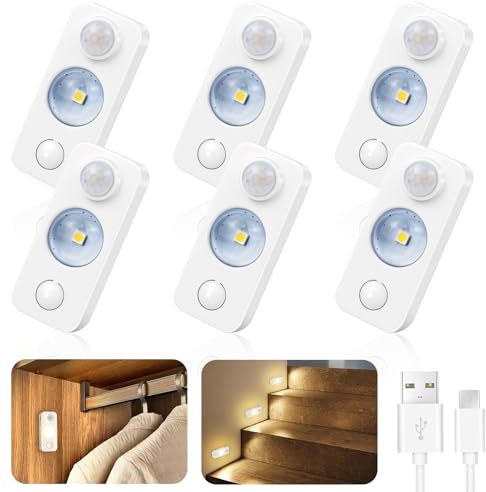 Iluminación de armario con sensor de movimiento, luces inalámbricas recargables para armario, luces nocturnas LED recargables para debajo del armario, color blanco cálido, paquete de 6