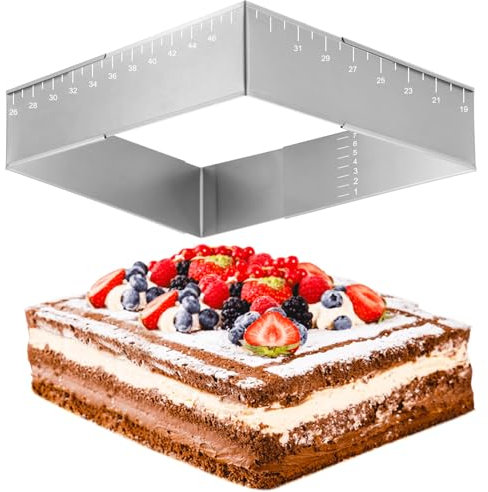 Forbabe Rechteckige Backform, 8cm Hohe Edelstahl Backrahmen Eckig Wiederverwendbar Kuchenform Eckig Backrahmen Rechteckig Verstellbar mit Graduiert für Backen/Schichttorten (B x L: 18-32cm x 25-48cm)
