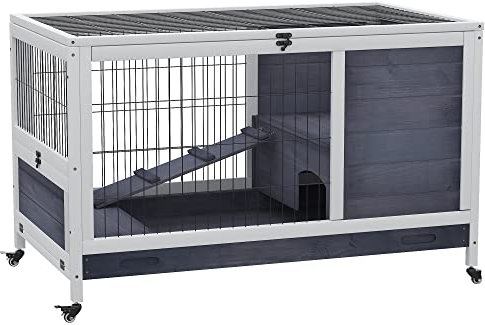 PawHut Kleintierstall mit Rädern, Kleintierhaus Kleintierkäfig aus Tannenholz, Meerschweinchenkäfig Meerschweinchenstall, 90 x 53 x 59 cm, Dunkelgrau+Weiß