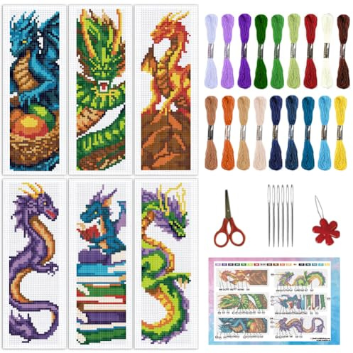 INFUNLY Lot de 6 marque-pages au point de croix à faire soi-même - 20,3 x 6,1 cm - Motif dragon pré-imprimé - Avec instructions (français non garanti) - Pour débutants et amateurs de livres
