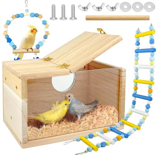GZqiancang 1 PCS Nichoirs en Bois Naturel, Transparent Nid Perruche Ondulée avec 2 PCS Jouet Perruche(Balançoire/Échelle) pour Pinsons, Perruches(19.5x12x12 cm)