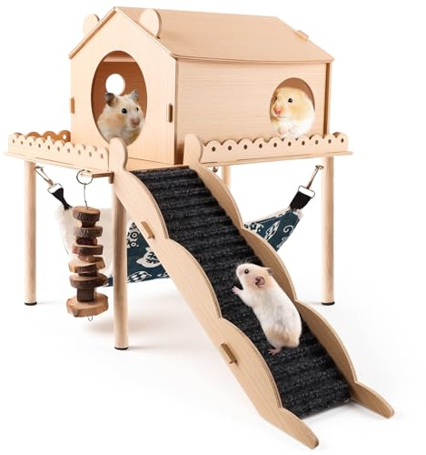 Kalolary Detachable Double-Decker Guinea Pig Hideout, Large Wooden Guinea Pig Castle with Stair, Hammock, Mat For Small Animals Hamster Chinchilla Bunny Ferret Rabbit Hiding Playing Sleeping