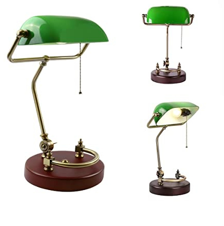 Lámpara de Escritorio Tradicional de banquero Verde con luz de Lectura Vintage, fabda en Madera Maciza y con Pantalla de Vidrio. Lámpara de Oficina Antigua con estética clásica (