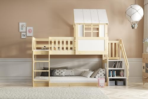 Interbeds Lit Superposé Cabane pour Enfants 90x200 cm – Mezzanine avec Escalier et Echelle, Bois Massif de Pin Naturel, Écologique, Barrière de Sécurité, Sommier Inclus, sans Matelas, Toit Maisonette